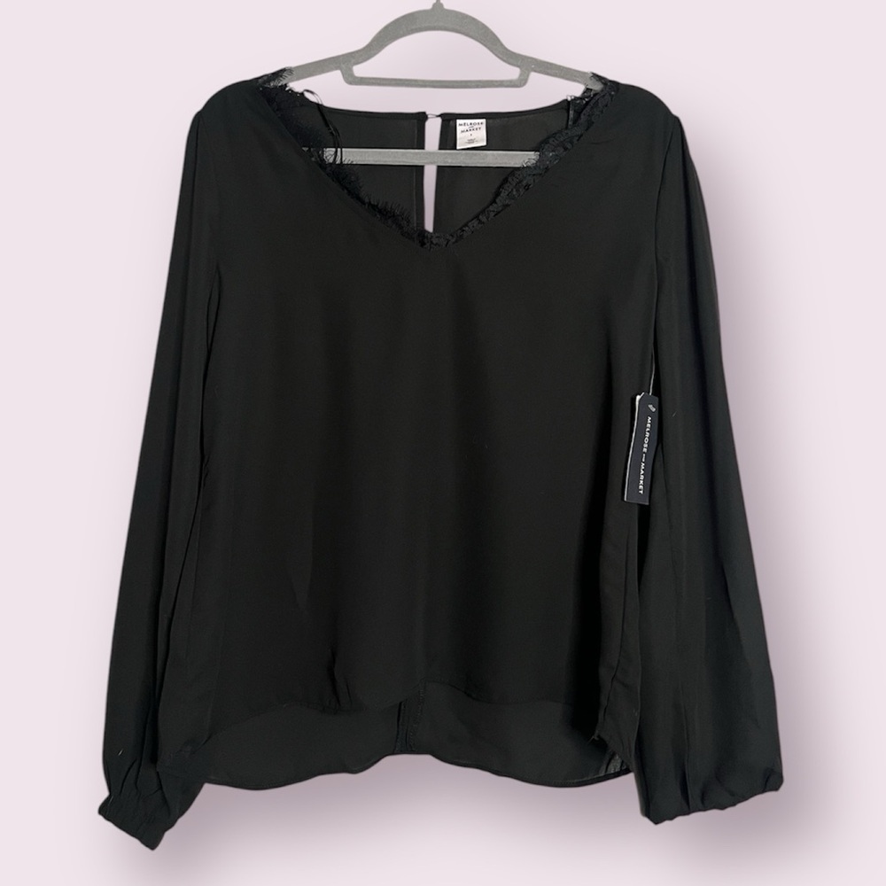 Melrose and Market Black Semi Sheer Long Sleeve Lace Trim Blouse Small